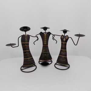 Set Of 3 Black Figural Indonesian Candle Holders Painted Hand Kreation Tags FLAW